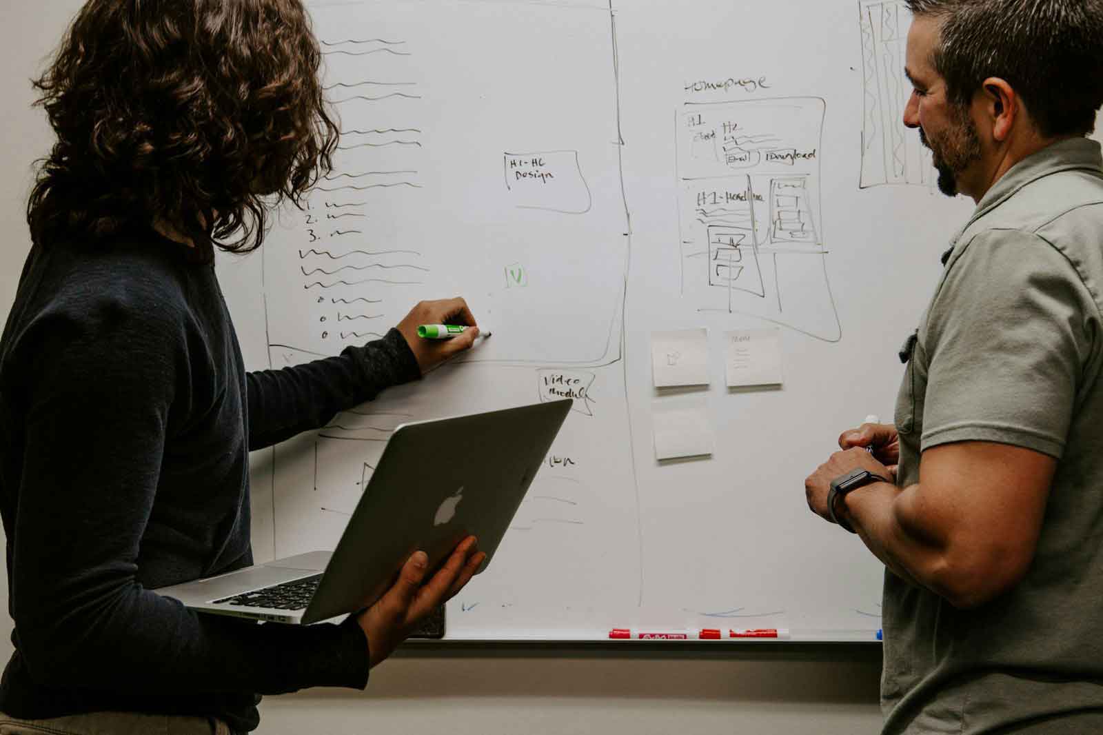 Two people planning a website structure on a whiteboard, sketching a homepage layout