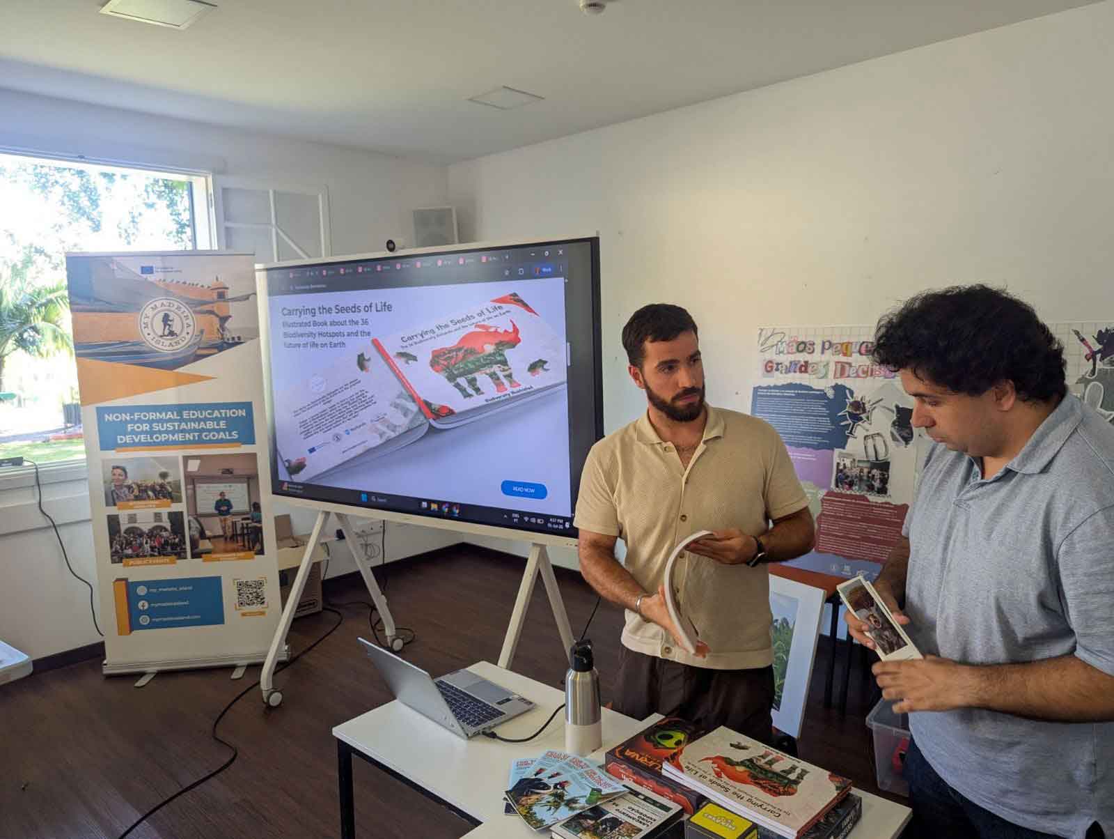 A CLIMAware partner presenting the illustrated book "Carrying the Seeds of Life" on a shared screen during a workshop